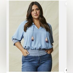 Matilda Jane Light Blue Southwestern Peasant Blouse with Tassels & Embroidery